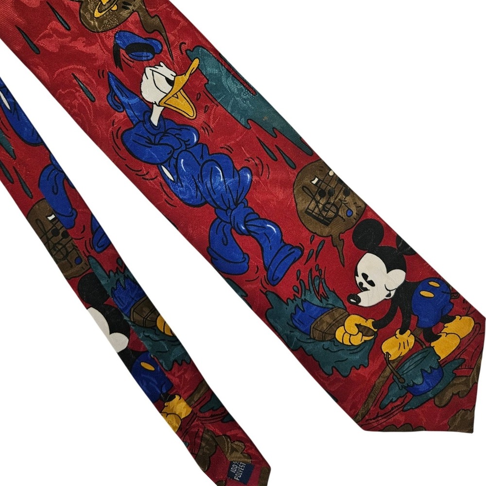 Vtg 90s Disney Mickey Unlimited Necktie Mens  Red Mickey Donald Duck Painting